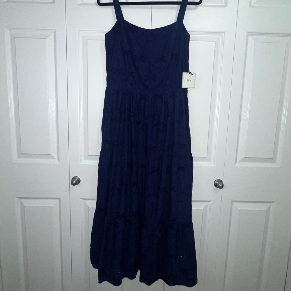 Anthropologie LEA Linen Navy Blue Women's Dress palm‎ tree pattern large
